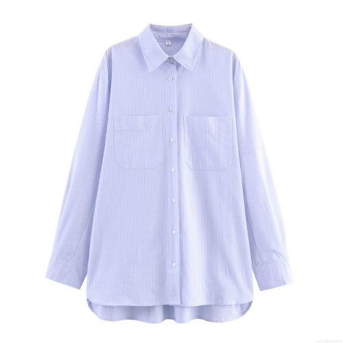 Women's Striped Long Sleeve Button Down Shirt Polyester Blend Casual Blouse With Double Pockets For Office Lady Spring Daily Wear