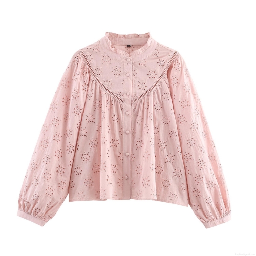 Women's Elegant Cotton Blend Eyelet Embroidery Blouse Ruffle Collar Long Lantern Sleeve Button Down Shirt Sweet Casual Hollow Out Top For Daily Date Party