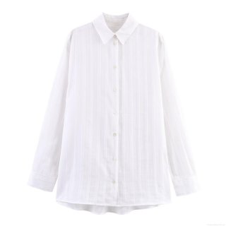 Women's Vertical Striped Long Sleeve Shirt Elegant Lapel Button Down Blouse Casual Loose Polyester Office Work Tops For Ladies White