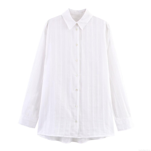 Women's Vertical Striped Long Sleeve Shirt Elegant Lapel Button Down Blouse Casual Loose Polyester Office Work Tops For Ladies White