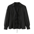 Women's French Retro 100% Cotton Poplin Blouse Deep V-Neck Bow Tie Front Long Sleeve Shirt Slim Fit Waist Solid Color Casual Elegant Top