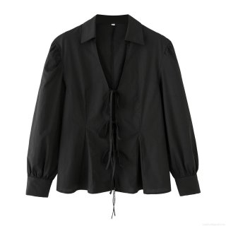 Women's French Retro 100% Cotton Poplin Blouse Deep V-Neck Bow Tie Front Long Sleeve Shirt Slim Fit Waist Solid Color Casual Elegant Top