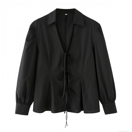 Women's French Retro 100% Cotton Poplin Blouse Deep V-Neck Bow Tie Front Long Sleeve Shirt Slim Fit Waist Solid Color Casual Elegant Top