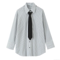 Women's Striped Long Sleeve Poplin Shirt With Black Tie Office Lady Casual Button Down Oversized Blouse Top For Work Daily Casual Wear
