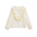 French Style V Neck Ruffle Layered Long Sleeve Blouse Women 100% Polyester Solid Color Sweet Elegant Tops For Casual Party Daily Wear