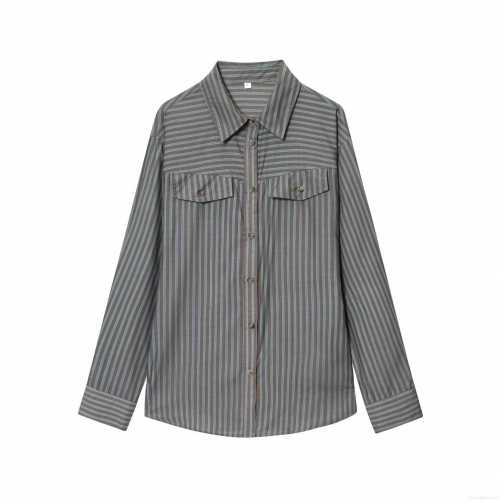 Women's Striped Long Sleeve Button Up Shirt Polyester Cotton Blend Poplin Blouse With Double Pockets Casual Lapel Fashion Tops For Daily Office Streetwear