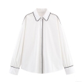 Women's Poplin Long Sleeve Blouse Contrast Trim Button Down Shirt Elegant Office Casual Minimalist Top For Ladies