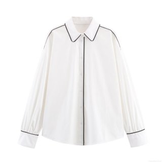 Women's Poplin Long Sleeve Blouse Contrast Trim Button Down Shirt Elegant Office Casual Minimalist Top For Ladies
