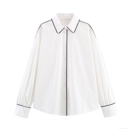 Women's Poplin Long Sleeve Blouse Contrast Trim Button Down Shirt Elegant Office Casual Minimalist Top For Ladies