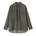 Women's Striped Long Sleeve Shirt Elegant Tie Neck Blouse With Dual Pockets Casual Button Up Top For Office Daily Commute Lady Polyester Clothing