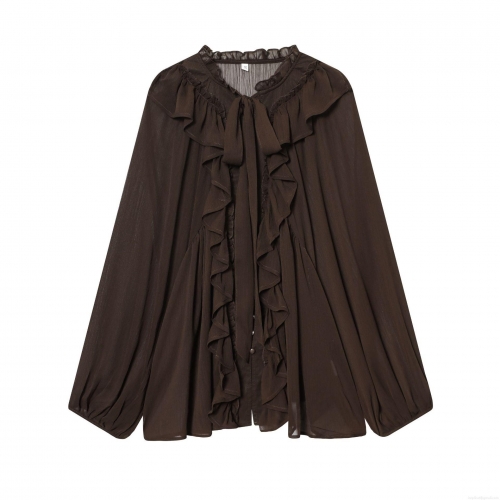 Women's Elegant Chiffon Blouse Ruffle Tie Neck Long Lantern Sleeve Solid Color Casual Shirts For Ladies Office Party Wear Tops