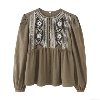 Women Bohemian Long Sleeve Embroidered Blouse Round Neck Puff Sleeve Casual Shirt Olive Green Boho Ethnic Top Socialite Style For Daily Travel Ladies Clothing