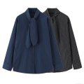 Women Elegant Plaid Long Sleeve Shirt With Bow Tie Neck Casual Blouse Polyester Cotton Blend Button Down Tops For Office Daily Wear