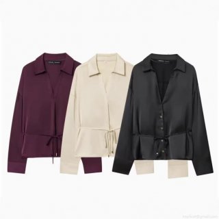 Women's Sophisticated Black Long Sleeve Acetate Satin Blouse With Gold Buttons And Waist Tie Elegant Deep V Neck Shirt For Office Party Lady