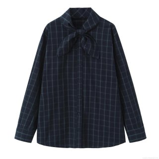 Women's Retro Plaid Poplin Blouse Long Sleeve Button Down Shirt With Bow Tie Neck Elegant Office Lady Commuter Tops Navy Blue