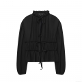 Elegant Women's Black Chiffon Blouse Ruffle Stand Collar Bow Tie Smocked Waist Long Lantern Sleeve Shirt Sweet Solid Color Top For Date Party