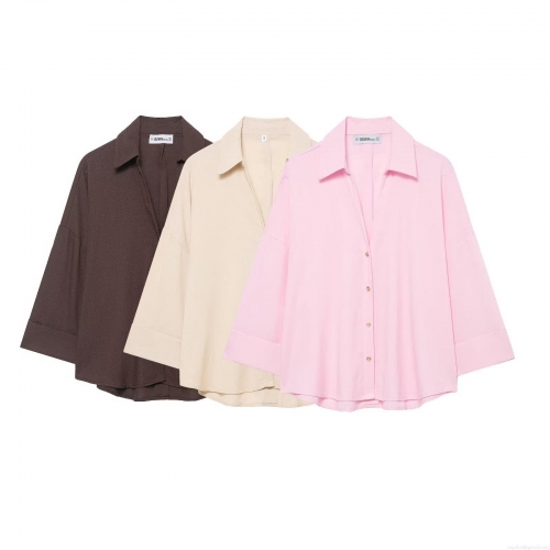 Women's Casual Loose Fit 100% Polyester Blouse Button Down Long Sleeve Shirt Solid Color Turn-down Collar Office Top For Daily Work
