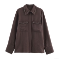Women's Elegant Satin Texture Long Sleeve Shirt Coffee Color Trim Detail Blouse With Chest Pockets For Office Lady Daily Fashion Casual Single Breasted Tops