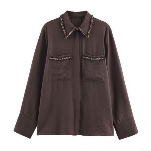Women's Elegant Satin Texture Long Sleeve Shirt Coffee Color Trim Detail Blouse With Chest Pockets For Office Lady Daily Fashion Casual Single Breasted Tops