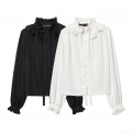 Women's Elegant Ruffle Stand Collar Blouse Vintage French Style Long Sleeve Polyester Shirt With Bow Tie And Ruffled Cuffs For Daily Office Dating Women Solid Color Black White Tops