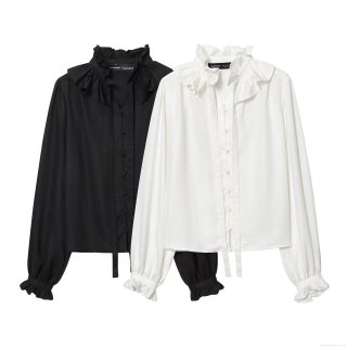 Women's Elegant Ruffle Stand Collar Blouse Vintage French Style Long Sleeve Polyester Shirt With Bow Tie And Ruffled Cuffs For Daily Office Dating Women Solid Color Black White Tops