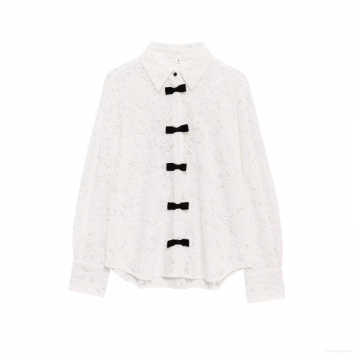 Women's Elegant White Floral Lace Long Sleeve Blouse Featuring Contrast Black Bow Decoration Sweet Shirt Collar Button Down Top For Daily Dating