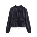 French Vintage Black Ruffle Stand Collar Tie-up Bow Blouse Women Long Lantern Sleeve Elastic Waist Peplum Top Elegant Socialite Chiffon Style Shirt
