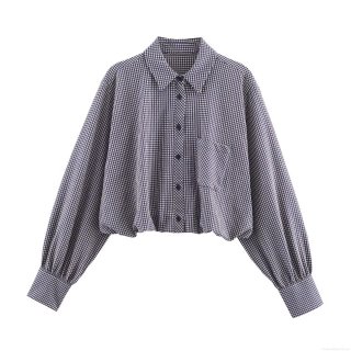 Women's Blue and White Gingham Plaid Shirt Lantern Sleeve Button Down Blouse Short Crop Top with Elastic Hem Casual Sweet Style Ladies Tops