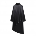 Women Elegant Black Satin Asymmetric Shirt Mock Neck Long Sleeve Cutout Pullover Blouse Longline Spliced Fashion Top For Party Evening Daily