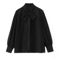 Women Fashion Casual Bow Tie Neck Long Sleeve Blouse Elegant Lantern Sleeve Satin Texture Button Down Shirt For Office Daily Party Lady Top