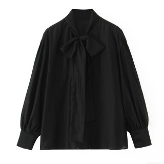 Women Fashion Casual Bow Tie Neck Long Sleeve Blouse Elegant Lantern Sleeve Satin Texture Button Down Shirt For Office Daily Party Lady Top
