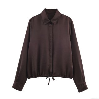Women Elegant Satin Texture Blouse Long Sleeve Drawstring Hem Shirt Collar Button Down Solid Color Glossy Top For Office Party Daily Wear