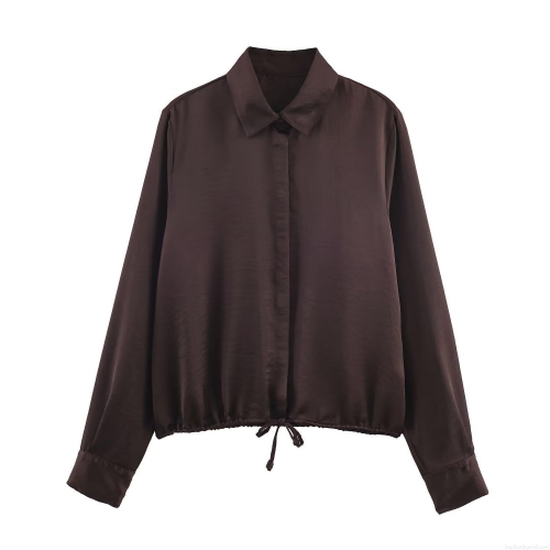 Women Elegant Satin Texture Blouse Long Sleeve Drawstring Hem Shirt Collar Button Down Solid Color Glossy Top For Office Party Daily Wear