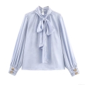 Women's Elegant Jacquard Floral Satin Blouse Long Sleeve Bow Tie Neck Puff Sleeve Pullover Shirt for Office Party Sweet Celebrity Style Top