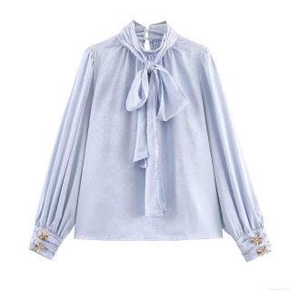 Women's Elegant Jacquard Floral Satin Blouse Long Sleeve Bow Tie Neck Puff Sleeve Pullover Shirt for Office Party Sweet Celebrity Style Top