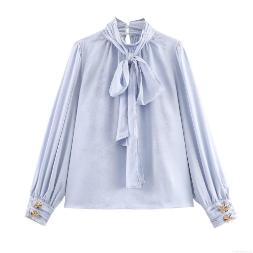 Women's Elegant Jacquard Floral Satin Blouse Long Sleeve Bow Tie Neck Puff Sleeve Pullover Shirt for Office Party Sweet Celebrity Style Top