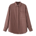 Women's Fashion Striped Shirt Long Sleeve Lapel Collar Button Down Blouse With Pocket Casual Office Commute Polyester Tops For Lady