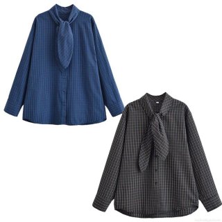Women's Plaid Long Sleeve Blouse With Bow Tie Neck Casual Polyester Button Down Shirt For Daily Wear Autumn Winter Fashion Stylish Checked Top
