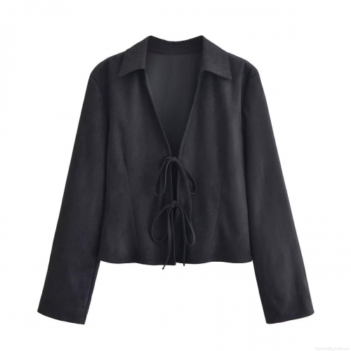Elegant Women's Black Faux Suede Blouse Long Sleeve Tie-up Bow Front Slim Fit Top For Casual Party Dating