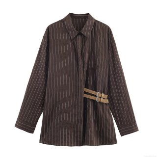 Women Stripe Shirt Polyester Poplin Side Buckle Decor Long Sleeve Daily Commuting Office Casual Elegant Lady Blouse Tops Fashion Streetwear