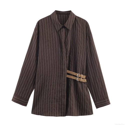 Women Stripe Shirt Polyester Poplin Side Buckle Decor Long Sleeve Daily Commuting Office Casual Elegant Lady Blouse Tops Fashion Streetwear
