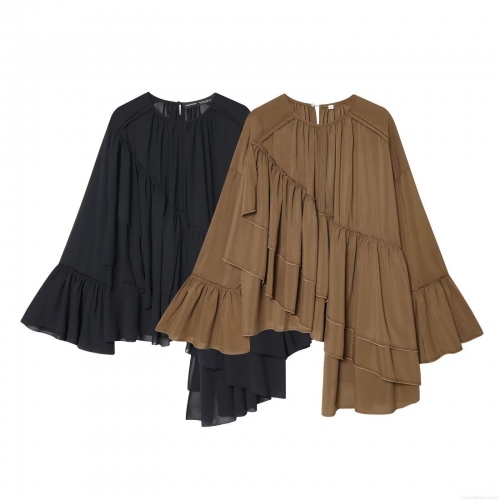 Women Elegant Chiffon Blouse Long Trumpet Sleeve Tiered Ruffle Pullover Top Asymmetric Hem Casual Solid Color Shirt for Women Office Party Dating