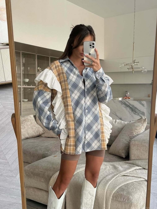 Women's Fashion Plaid Shirt Cotton Blend Contrast Color Patchwork Ruffle Long Sleeve Turndown Collar Single Breasted Loose Casual Blouse Streetwear Top Women's Fashion Plaid Shirt Cotton Blend Contrast Color Patchwork Ruffle Long Sleeve Turndown Collar Single Breasted Loose Casual Blouse Streetwear Top
