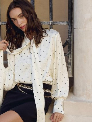 French Vintage Bow Tie Neck Polka Dot Blouse Women Long Sleeve Loose Satin Shirt Elegant Spring Autumn Top Women Blouses