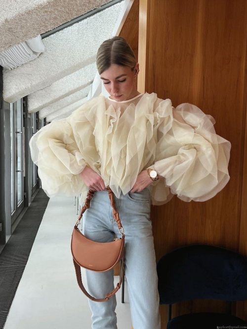 Women Elegant Tiered Ruffle Organza Blouse Long Sleeve Round Neck Puff Sleeve Pullover Shirt With Detachable Flower Accessory French Retro Chiffon Top For Women Women Elegant Tiered Ruffle Organza Blouse Long Sleeve Round Neck Puff Sleeve Pullover Shirt With Detachable Flower Accessory French Retro Chiffon Top For Women