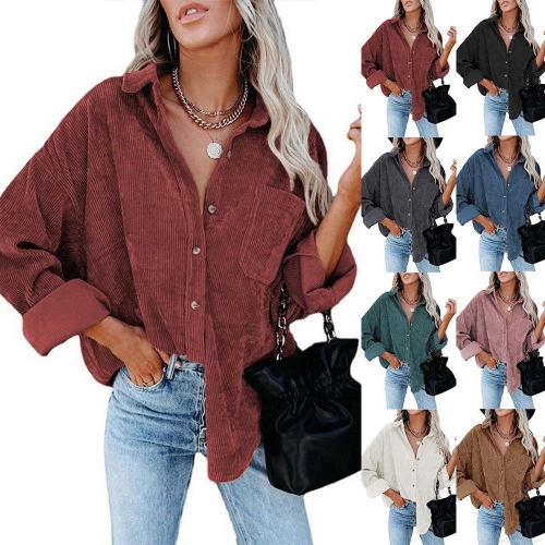 Women's Oversized Corduroy Long Sleeve Shirt Casual Single Breasted Blouse Jacket With Chest Pocket Solid Color Retro Button Down Tops For Autumn Winter