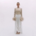 Luxury Women's Sequined Feather Trim Cardigan Elegant Rhinestone Long Sleeve Slim Fit Top for Party Nightclub Sexy Sparkly Champagne Sequin Blouse
