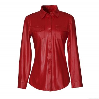 Women's Faux PU Leather Shirt Jacket Long Sleeve Lapel Collar Button Down Short Shacket With Chest Pockets Solid Color Streetwear Outerwear Top
