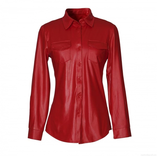 Women's Faux PU Leather Shirt Jacket Long Sleeve Lapel Collar Button Down Short Shacket With Chest Pockets Solid Color Streetwear Outerwear Top