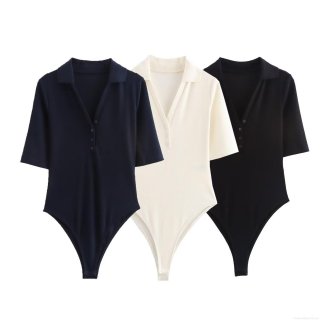 Women's Slim Fit Ribbed Knit Short Sleeve Bodysuit Sexy V Neck Polo Collar Button Up One Piece Jumpsuit Top Solid Color Streetwear